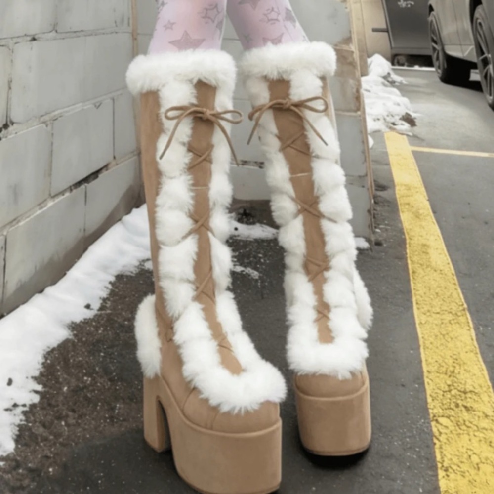 Faux Fur Trim Platform Knee-High Boots - Tan